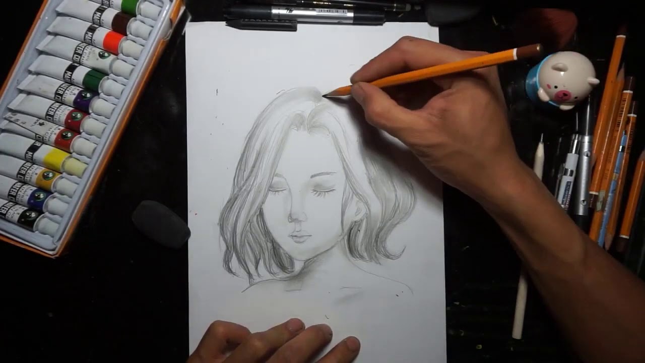 hình vẽ cô gái bằng bút chì đơn giản
