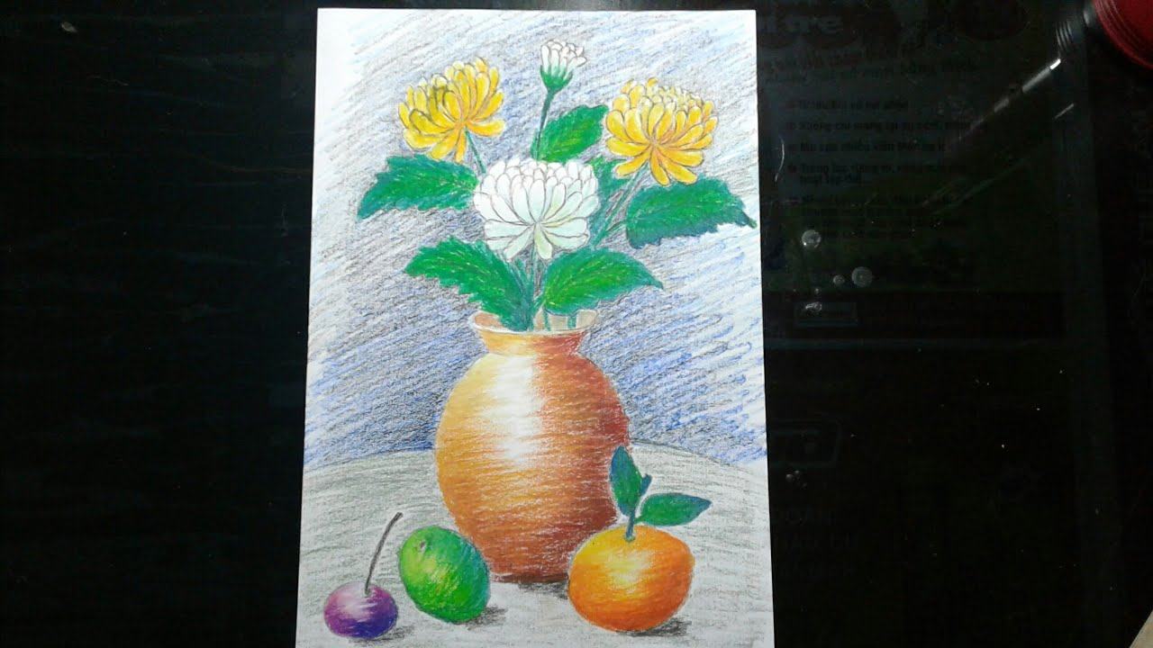 hình vẽ tĩnh vật lọ hoa và quả