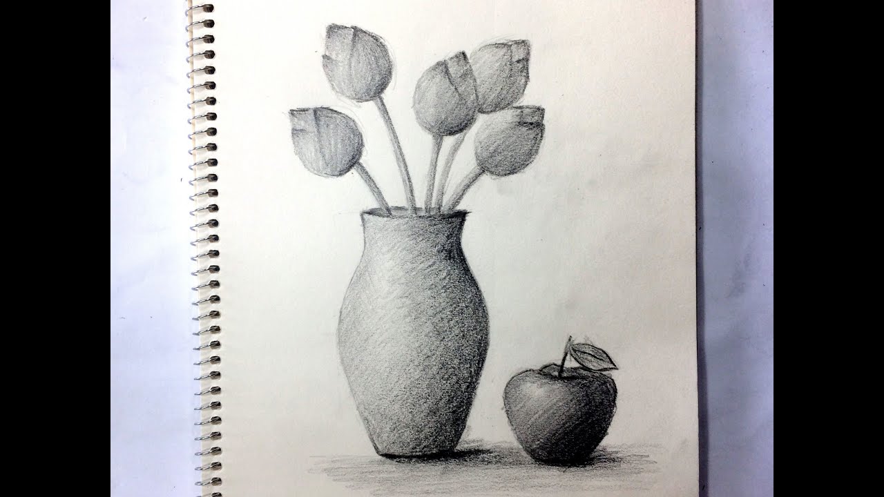hình vẽ tĩnh vật lọ hoa và quả