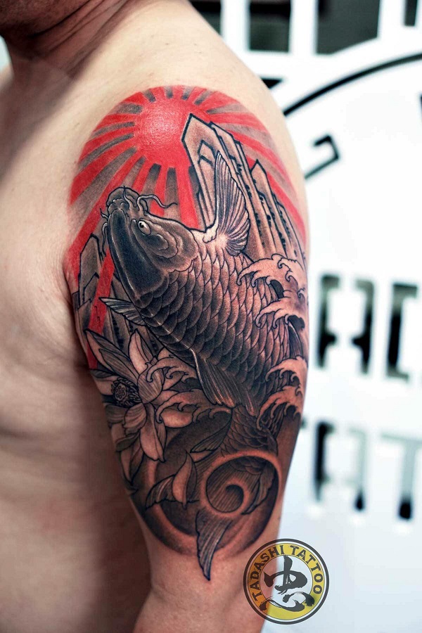 Hình xăm cá chép nhật cổ full tay